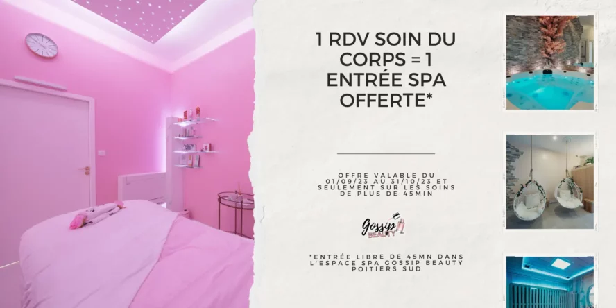 VIsuel de promotion pour les mois de septembre et d'octobre sur les soins du corps. Pour chaque modelage corps, corps en duo ou corps à quatres mains, complet ou rituel de l'orient, une entrée au spa offerte !