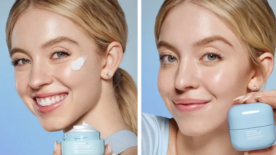 Sydney Sweeney, actrice (Cassie dans Euphoria) et égérie US de Laneige posant pour le produit star "water sleeping mask"
